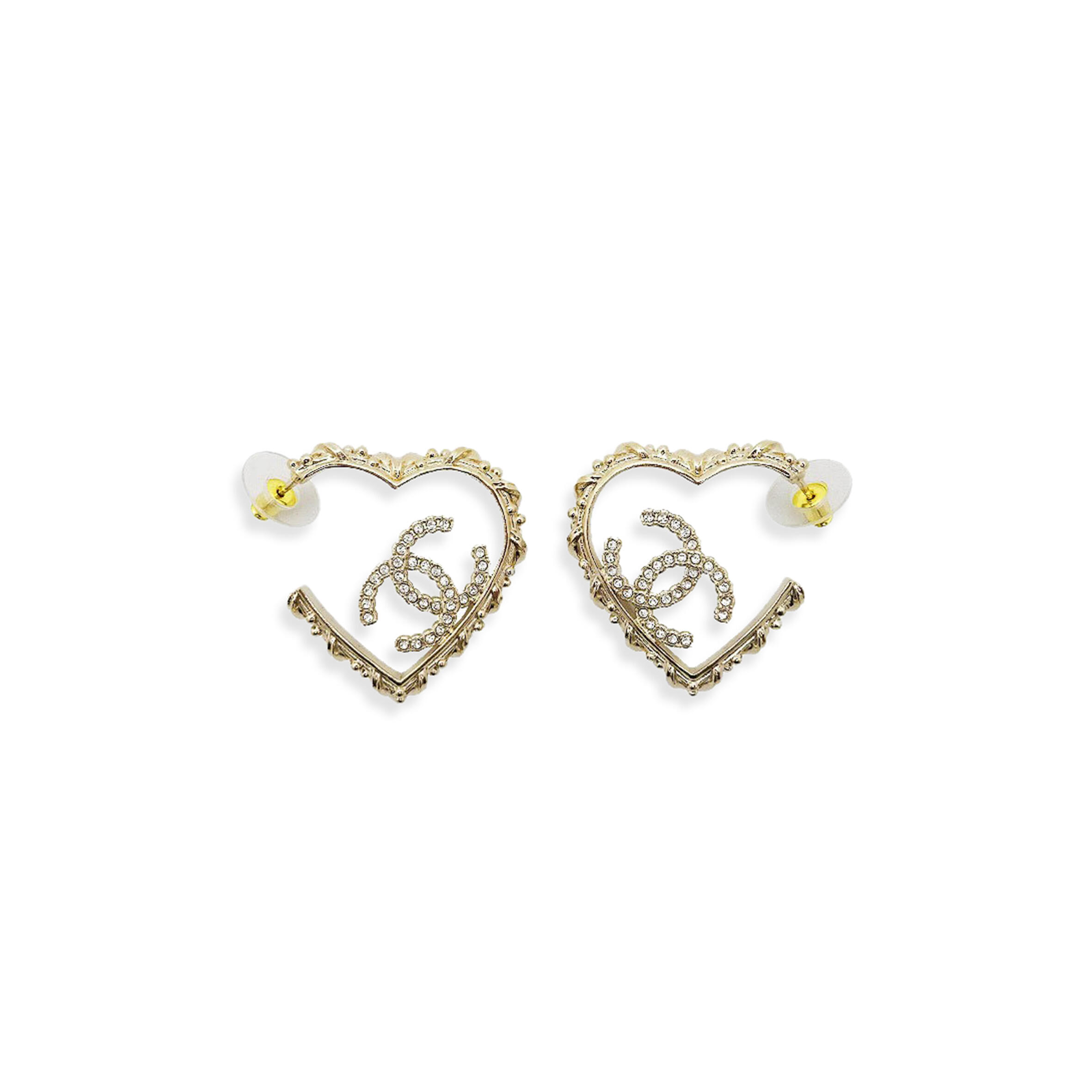 CHANEL COCO MARK HEART HOOP EARRINGS GOLD STRASS AND CHAMPAGNE GOLD HARDWARE ABF267